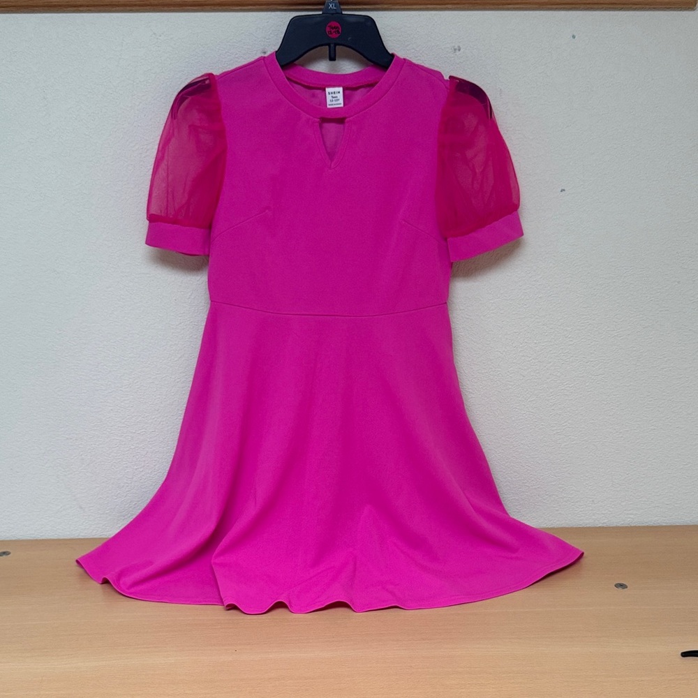 Vibrant Pink Teen Dress with Sheer Sleeves